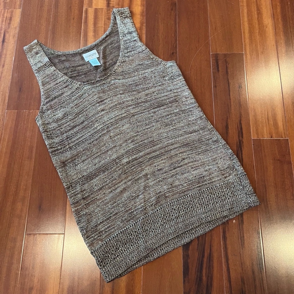 Chico's Brown Gold Textured Knit Tank Top Sleeveless Metallic Scoop Neck Sz 1 S